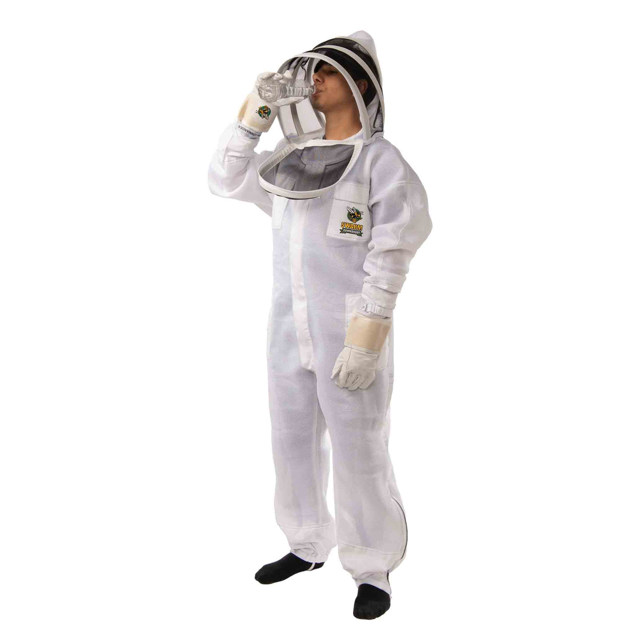 White Swarm Commander Beekeeper Unisex Suit - Ultra Mesh with removable veil - opened veil man drinking water