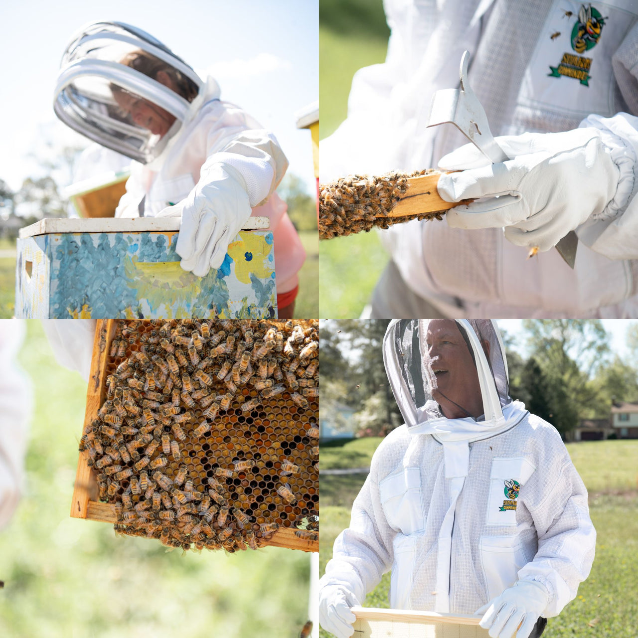 Swarm Commander jacket and gloves being used by a man and woman at a bee farm.
