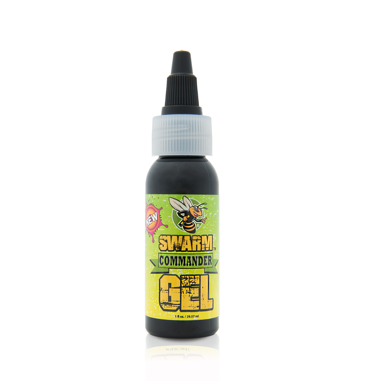 Bottle of Swarm Commander Gel with a yellow label featuring a bee illustration on a white background.