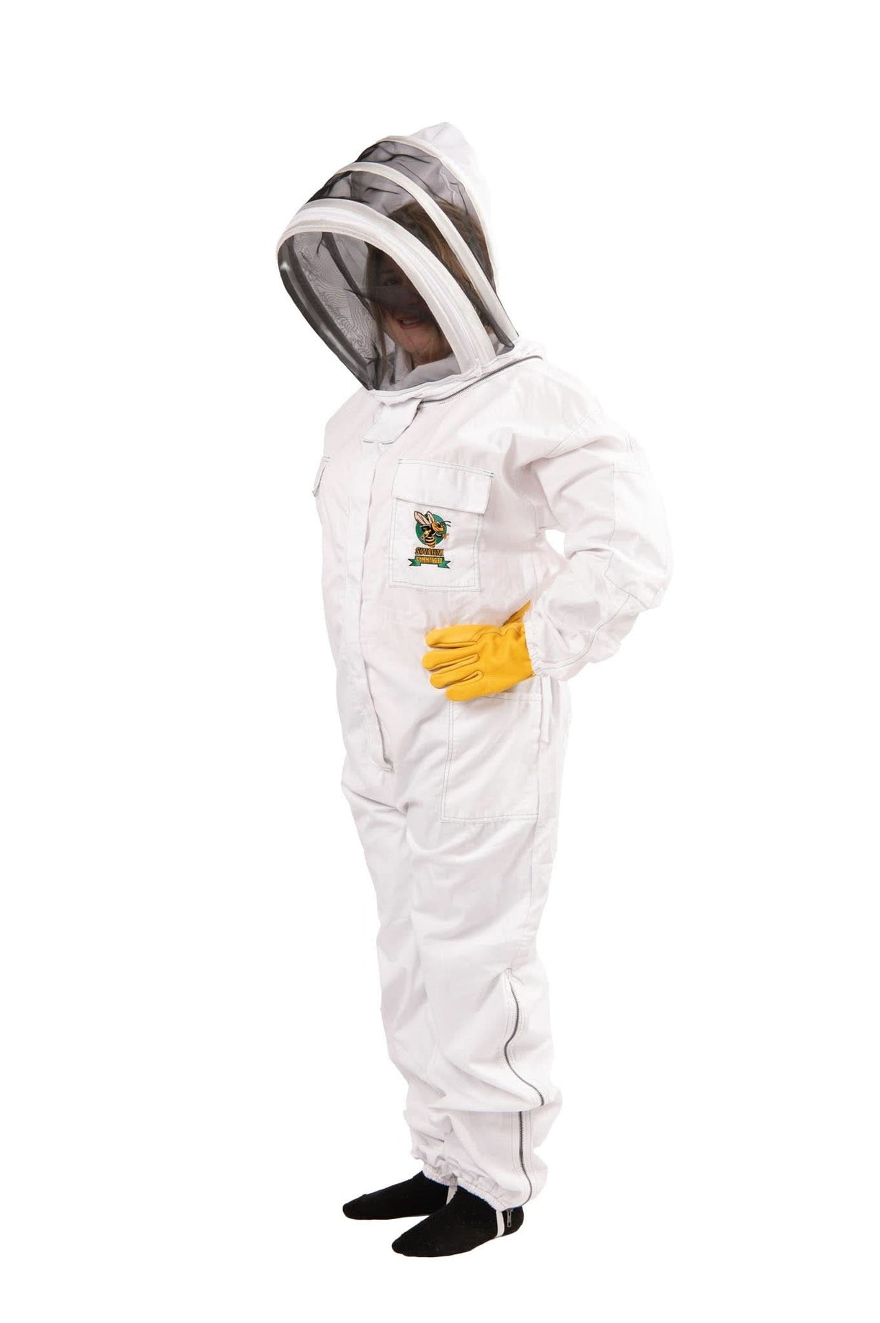 Swarm Commander white cotton beekeeping suit, full-body view with veil up